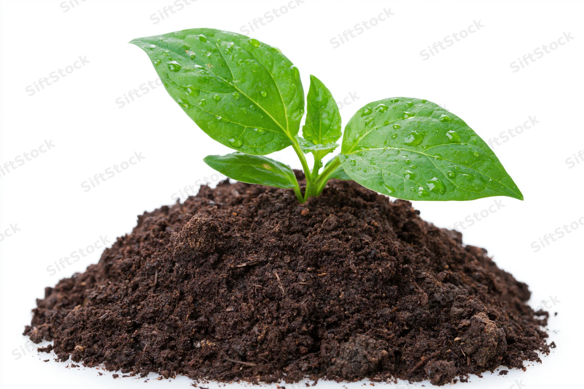 Small green seedling with three broad leaves emerging from a mound of dark soil on white background