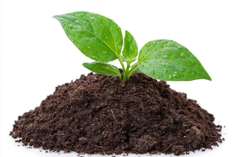 Small green seedling with three broad leaves emerging from a mound of dark soil on white background
