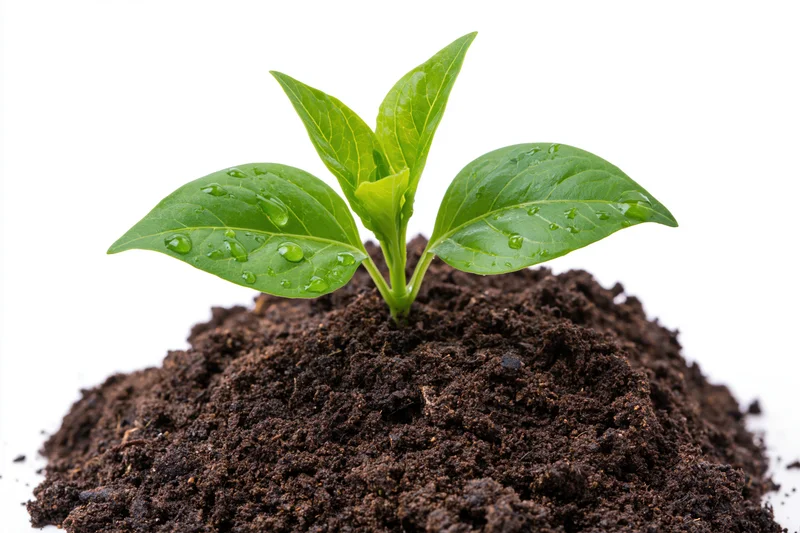 Small green seedling with three broad leaves emerging from soil against white background