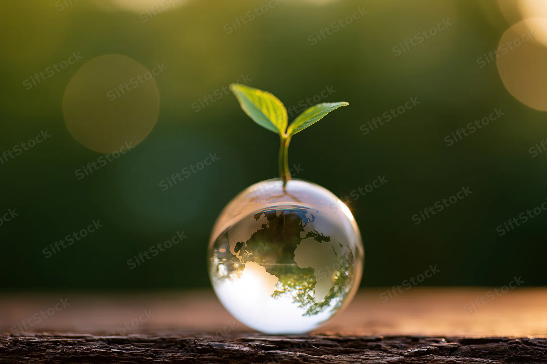 Small green seedling with two leaves growing from a transparent glass globe resting on a wooden surface
