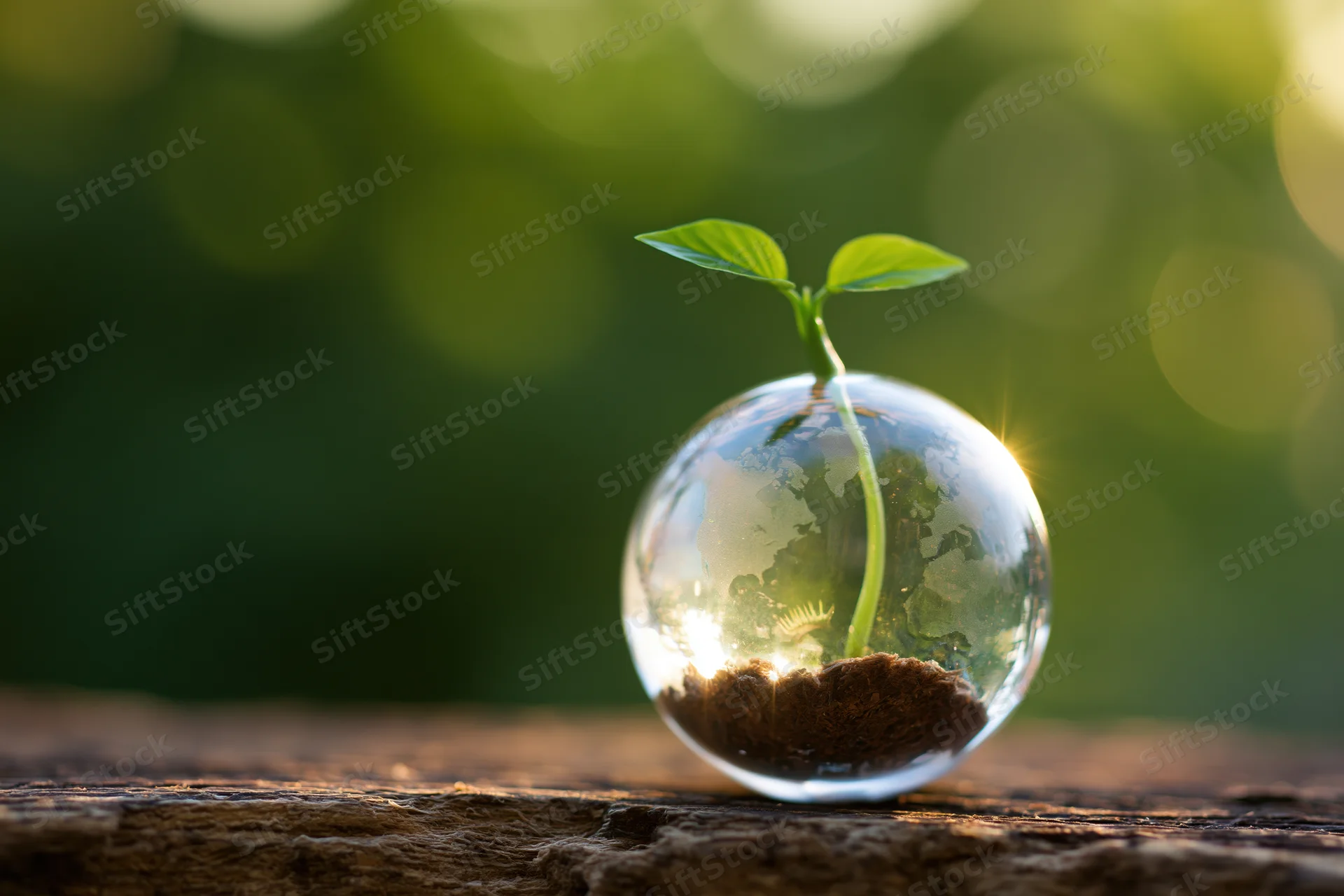 Small green seedling growing from soil inside a transparent glass globe on a wooden surface