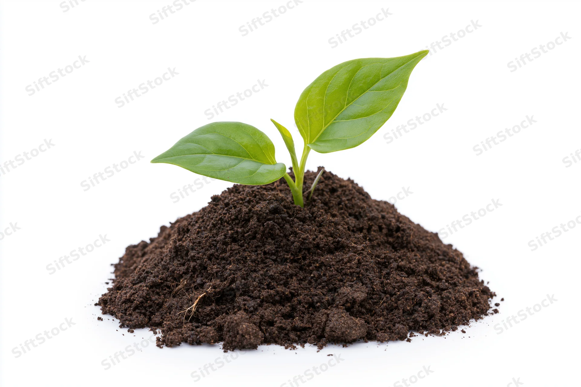 Small green seedling with two broad leaves growing from a mound of dark soil on white background
