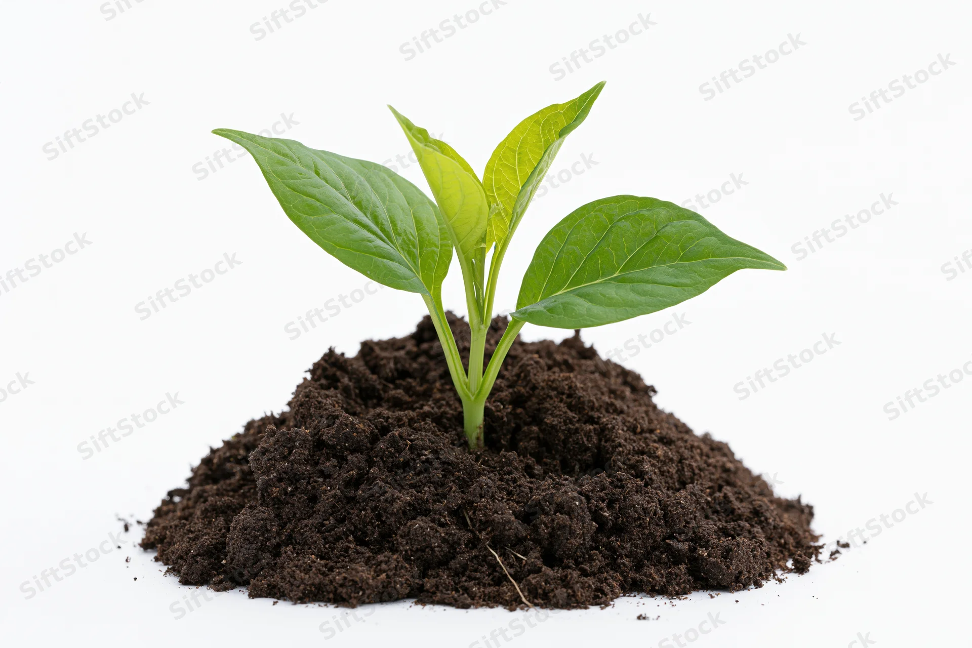 Small green seedling sprouting from a mound of dark soil on white background