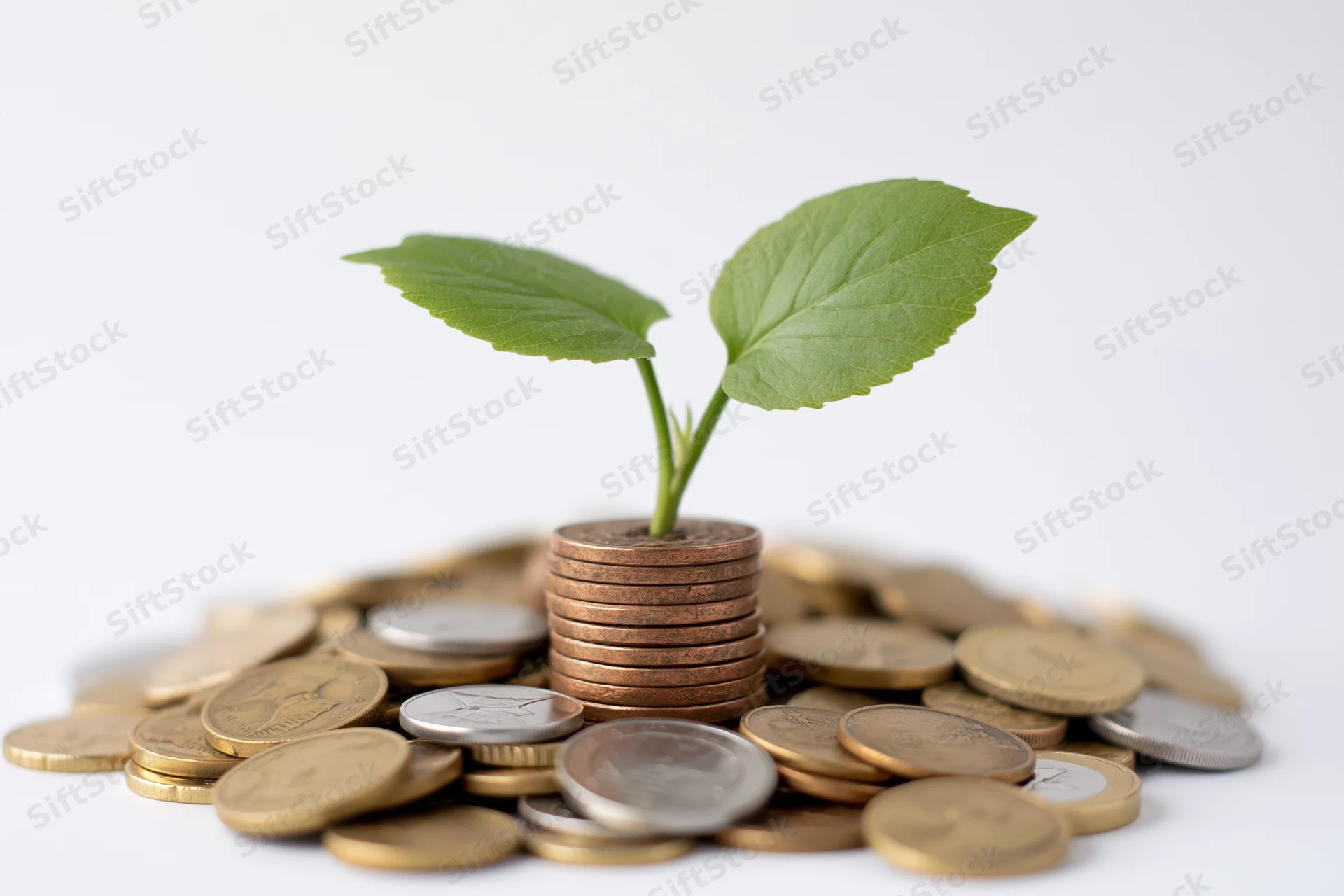 Small green plant sprouting from a stack of coins surrounded by scattered coins on white background