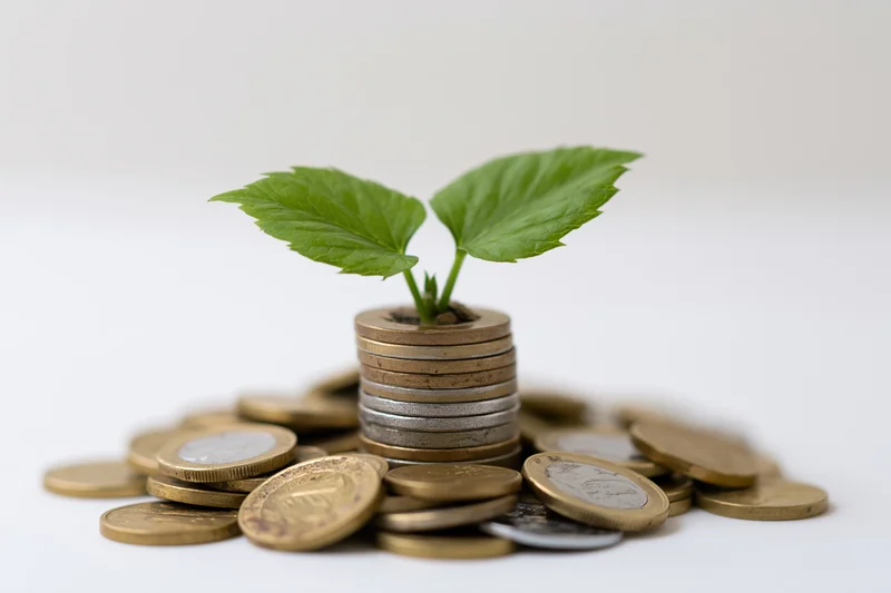 Small green plant sprouting from a stack of coins surrounded by scattered coins on white surface
