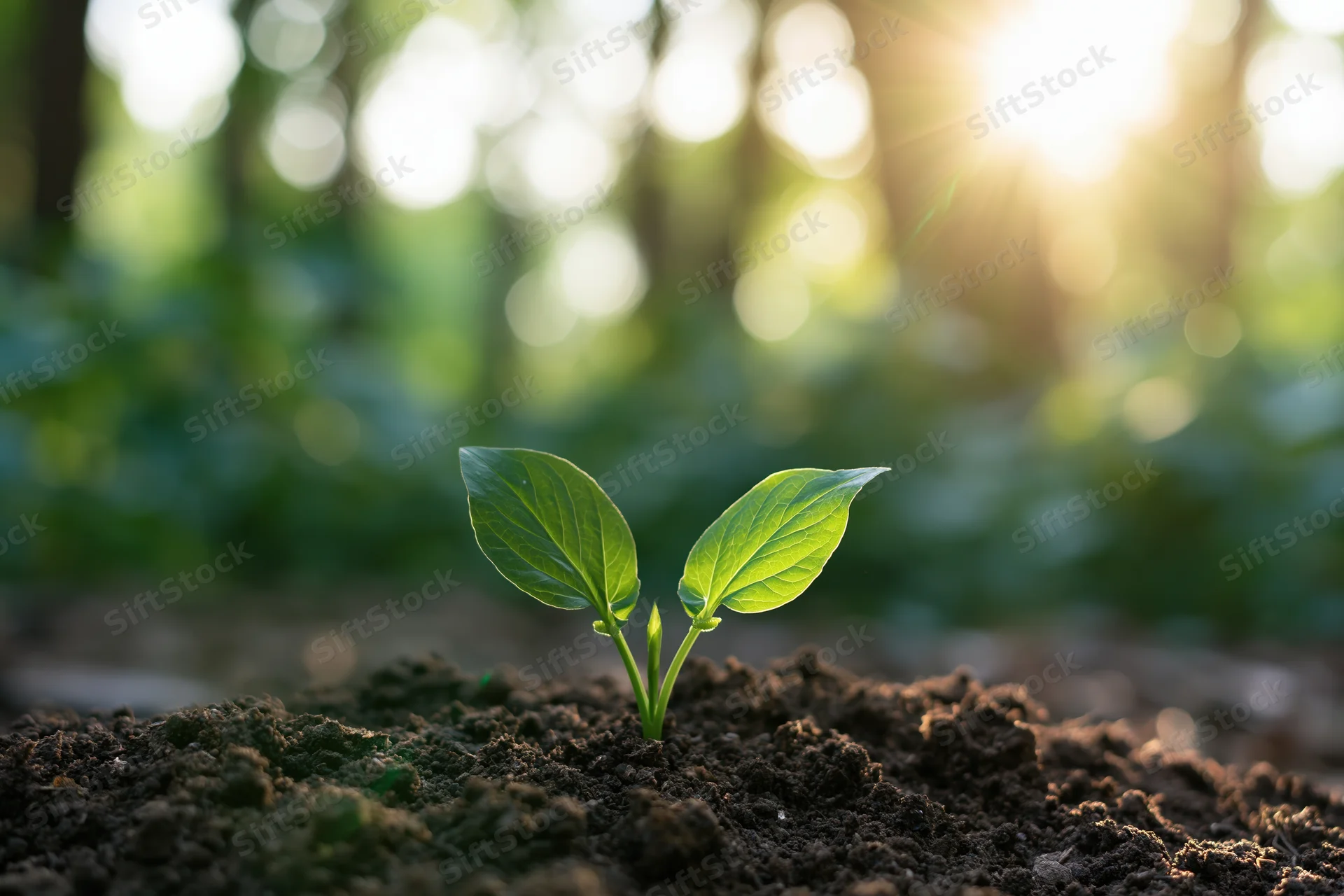 Small green seedling sprouting from dark soil in a sunlit forest clearing