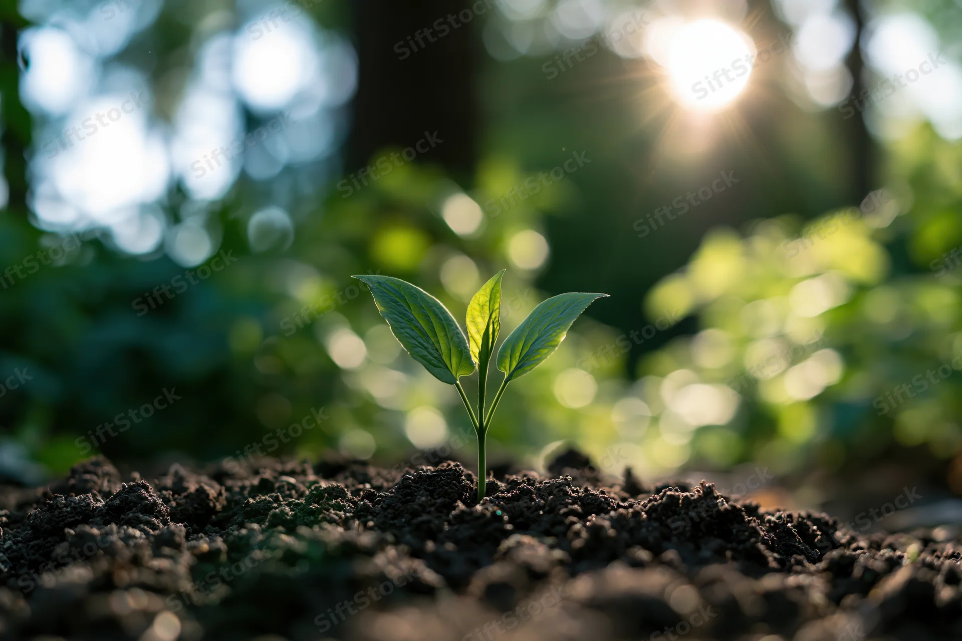 Small green seedling sprouting from dark soil in a sunlit forest clearing