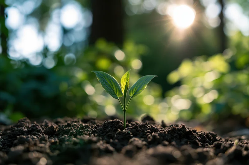 Small green seedling sprouting from dark soil in a sunlit forest clearing