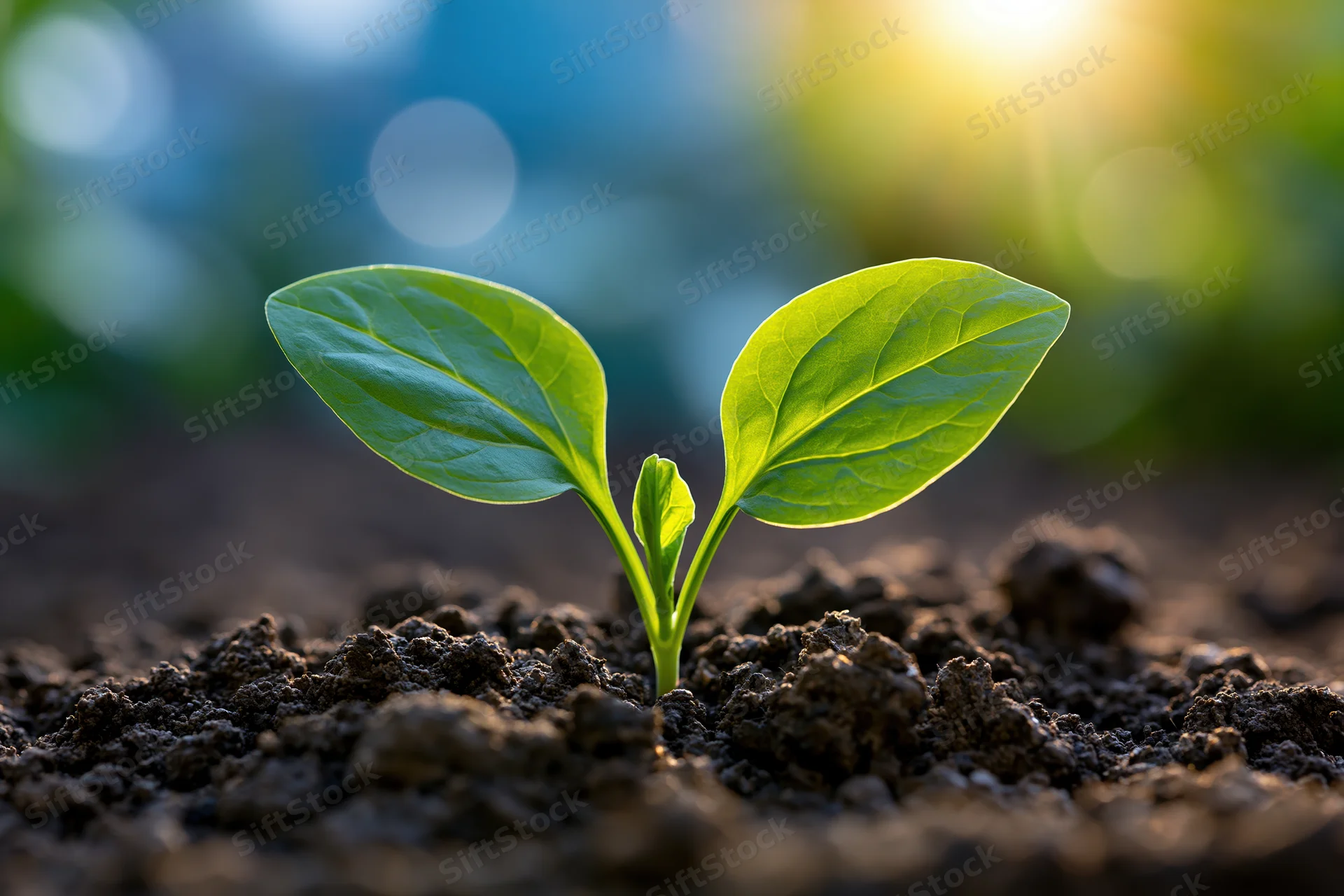 Small green seedling sprouting from dark soil with sunlight in background