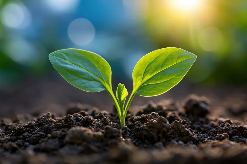 Small green seedling with two leaves sprouting from dark soil