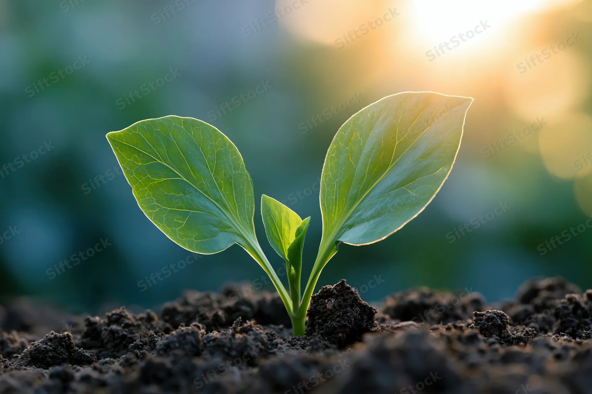 Small green seedling with two broad leaves sprouting from dark soil in morning light