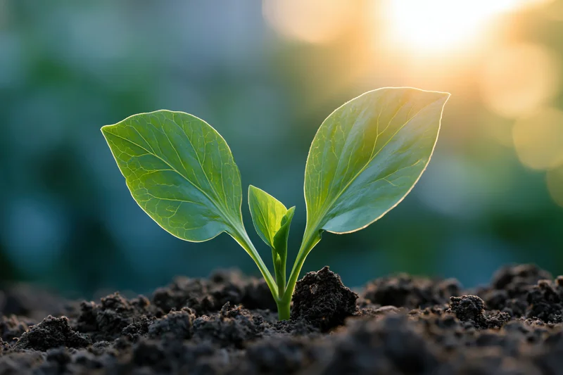 Small green seedling with two broad leaves sprouting from dark soil in morning light