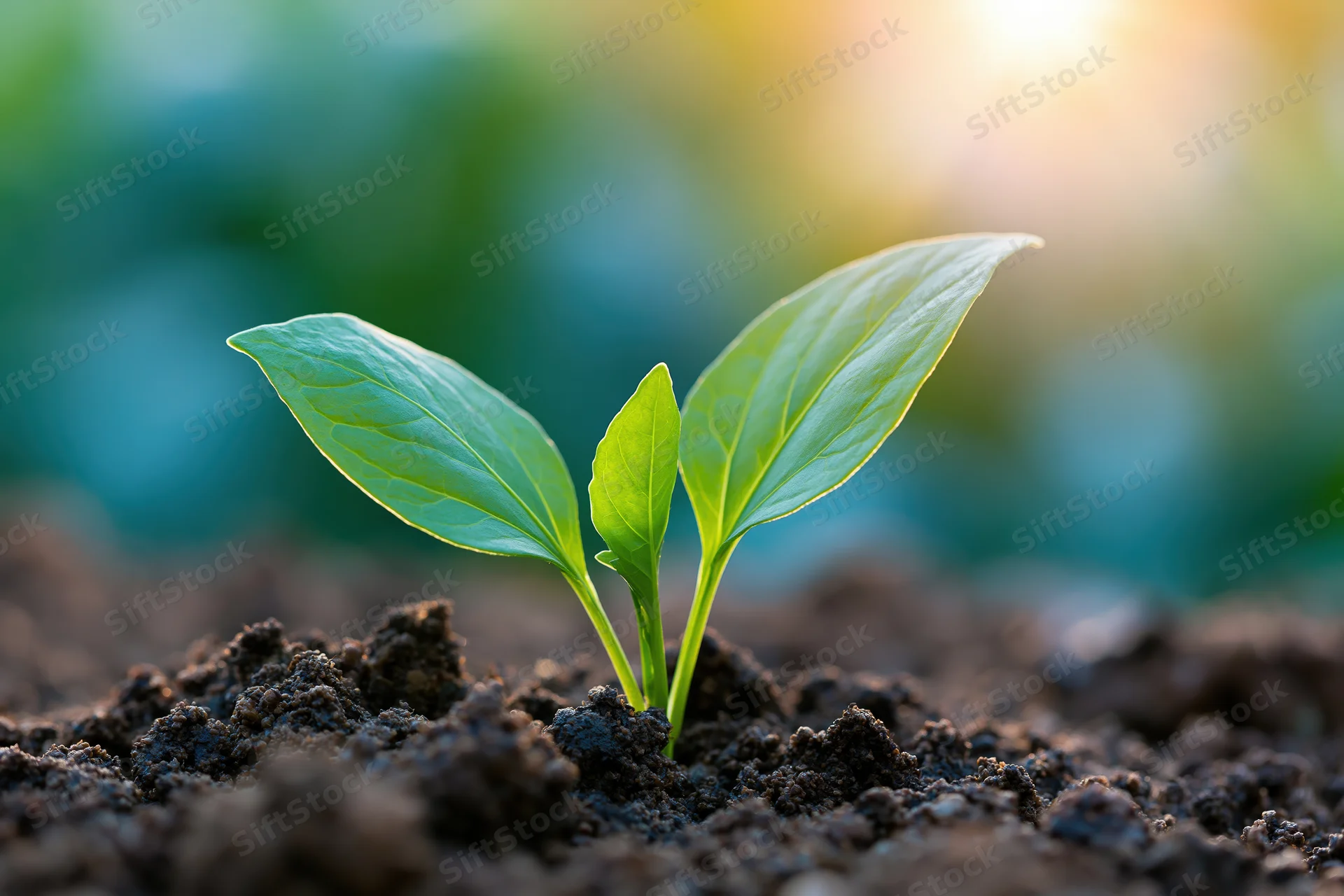 Small green seedling sprouting from dark soil with sunlight in background