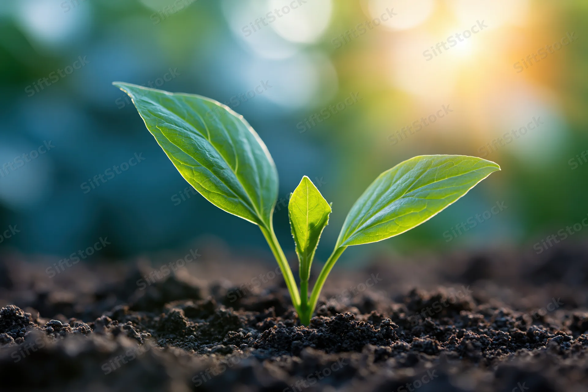 Small green seedling sprouting from dark soil with sunlight in background