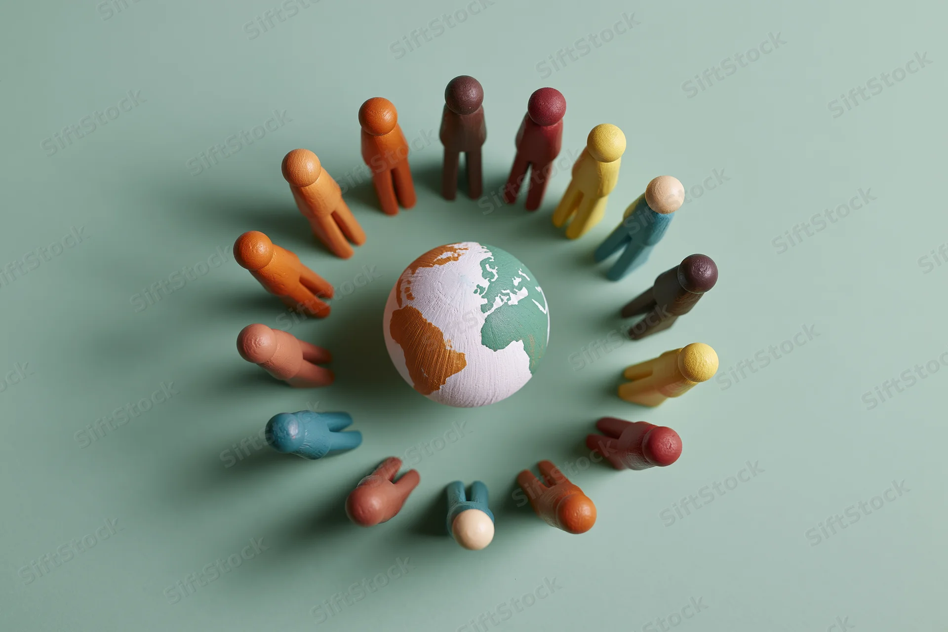 Painted miniature figurines arranged in a circle around a globe on a plain surface