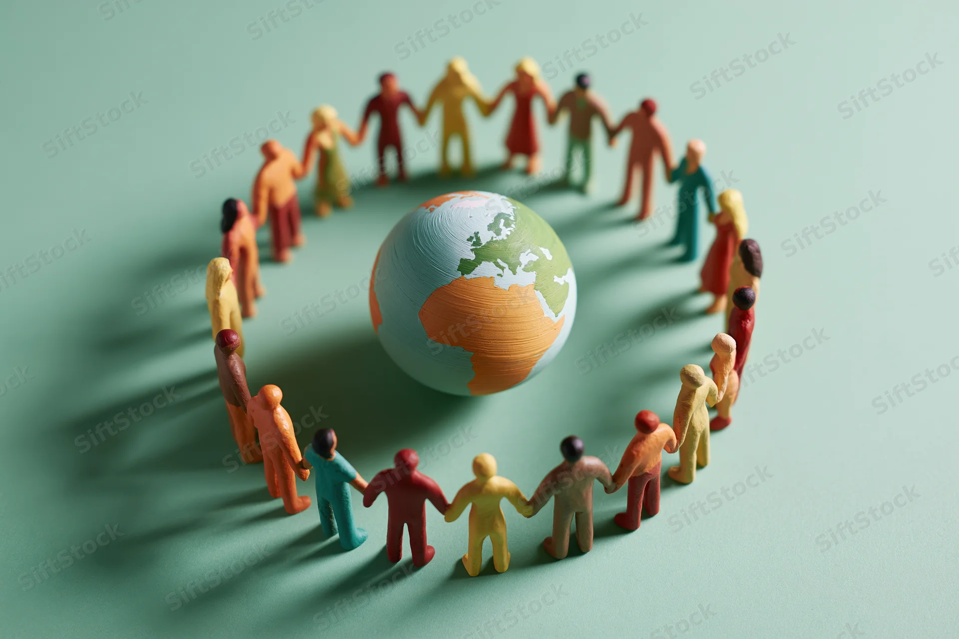 Miniature figurines holding hands in a circle around a globe on a mint background