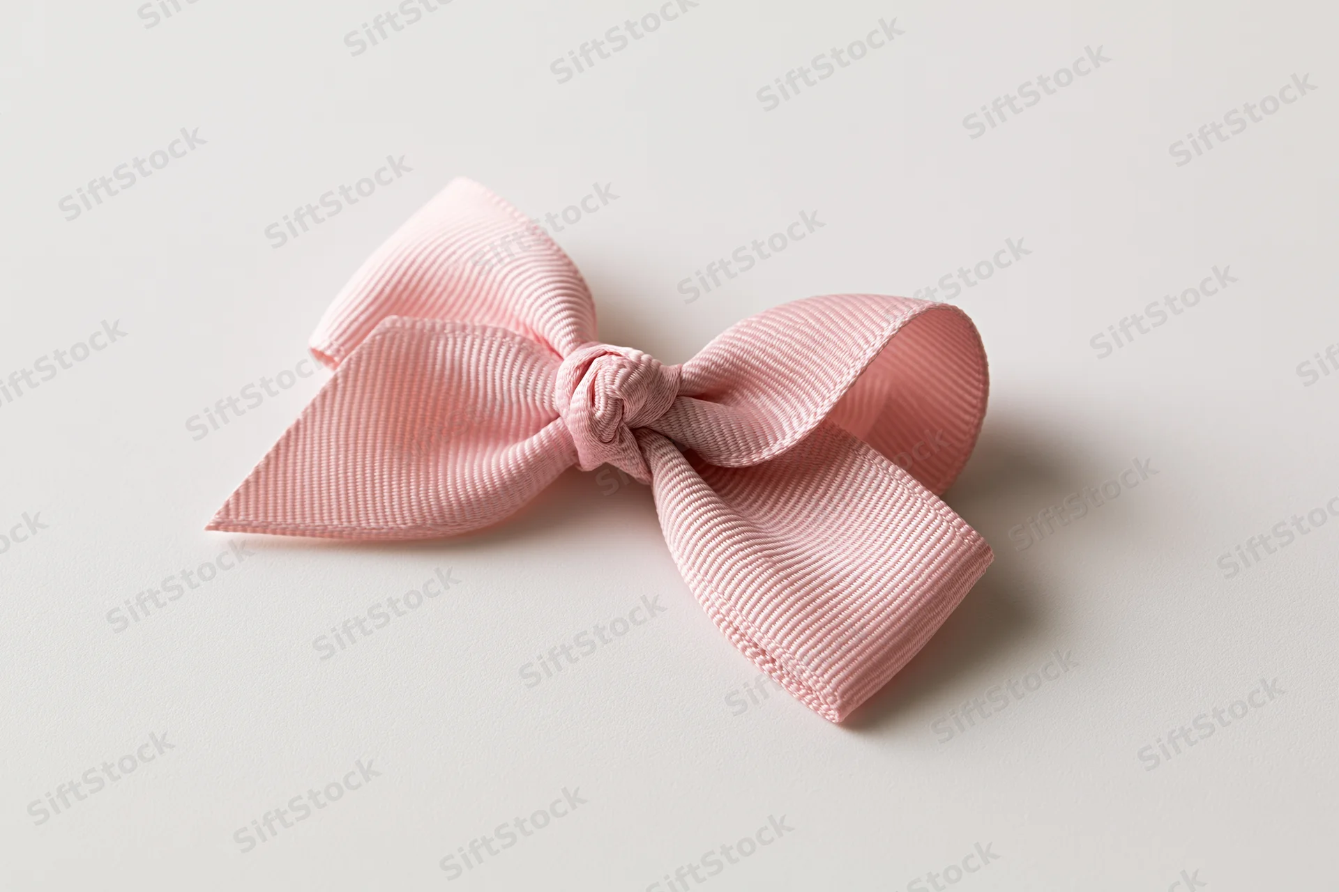 Pale pink grosgrain ribbon bow centered on a white surface
