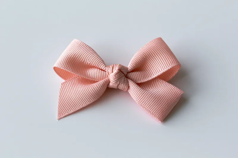 Pale pink grosgrain ribbon bow centered on a white background