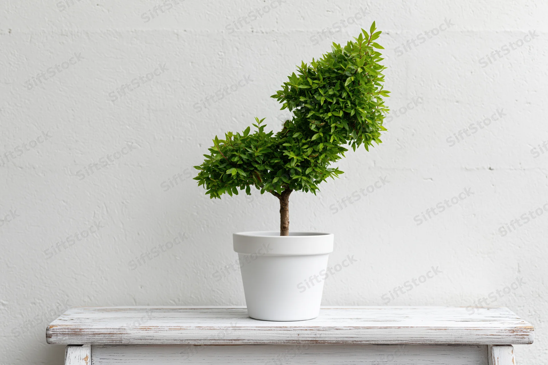 Bonsai tree with shaped foliage in white pot on wooden shelf