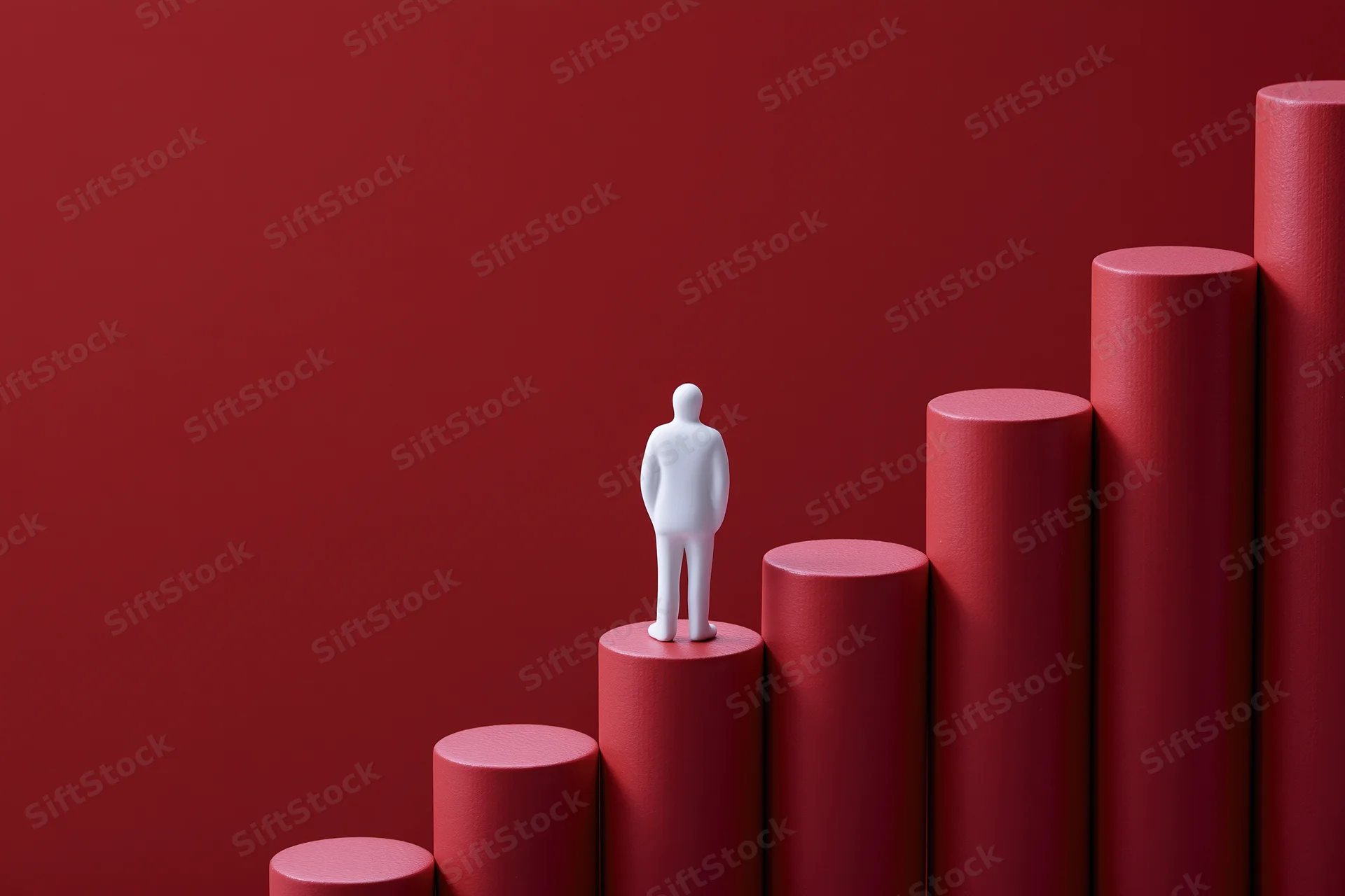 White figurine standing on ascending red columns against a red background