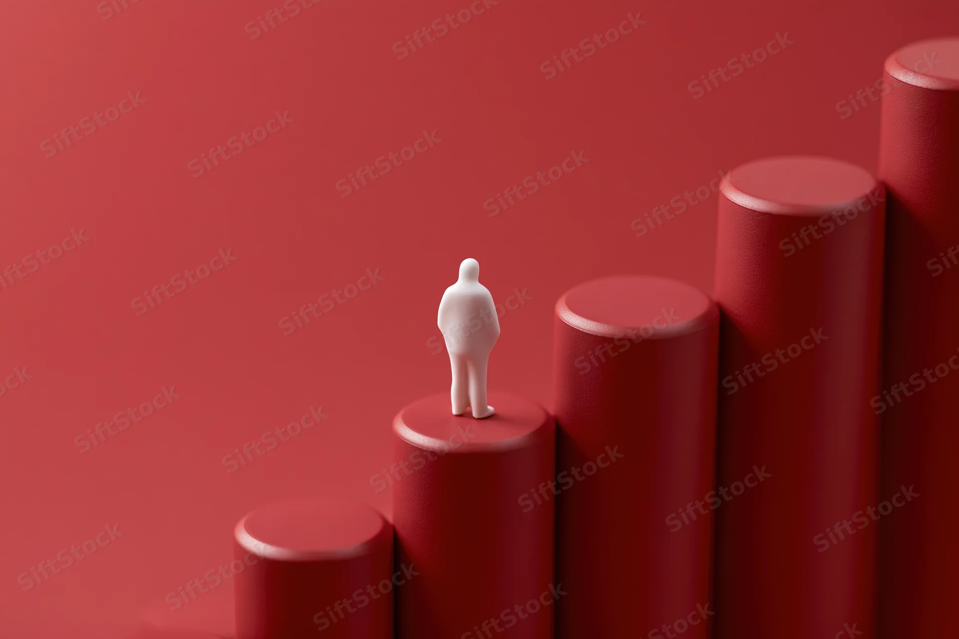 White figurine standing on rising red columns representing growth and progress