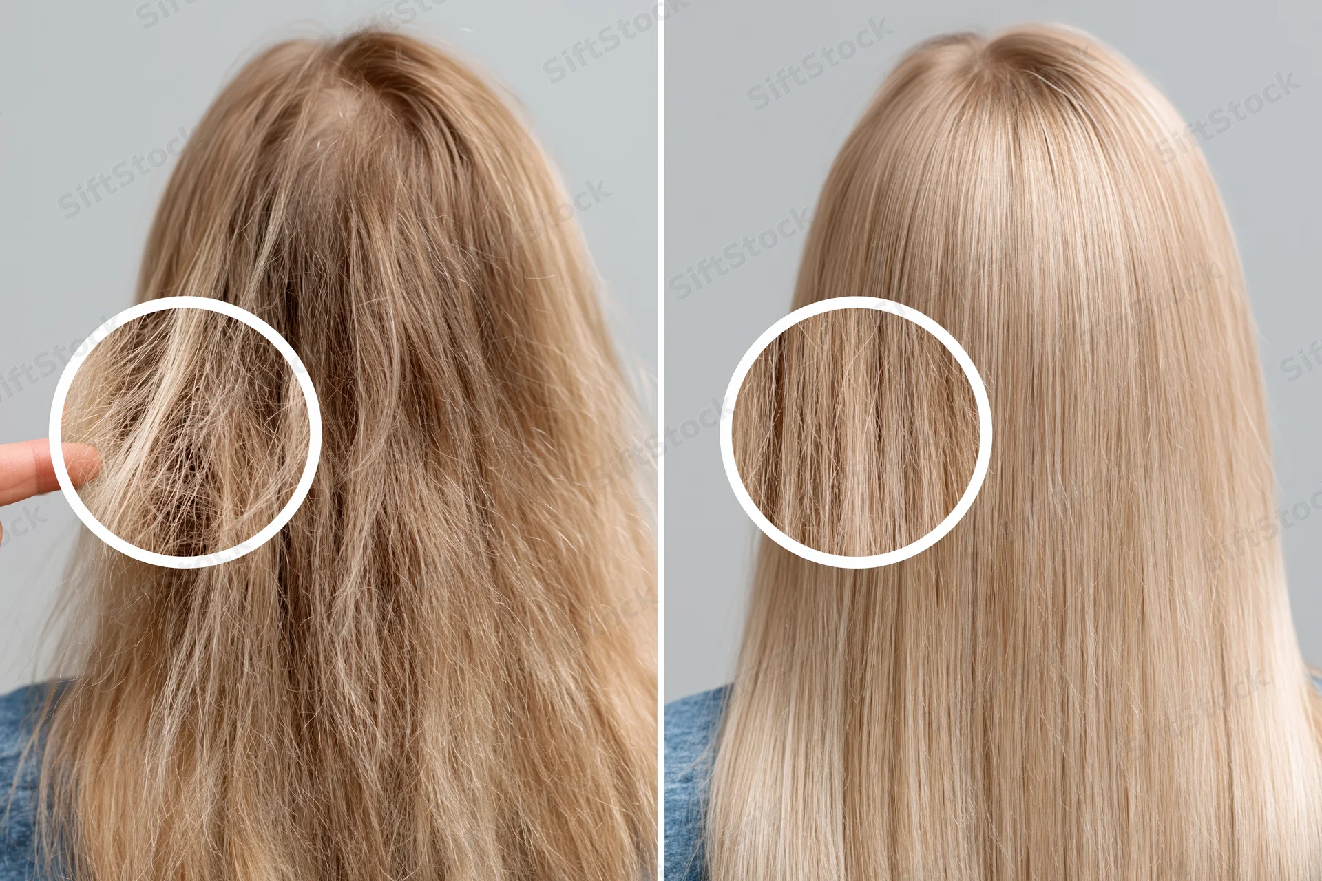 Split comparison of a woman’s blonde hair before and after treatment showing frizzy dry texture versus smooth shiny straight result