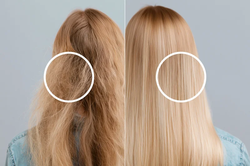 Split comparison of a woman’s blonde hair before and after treatment, showing frizzy to smooth texture from behind