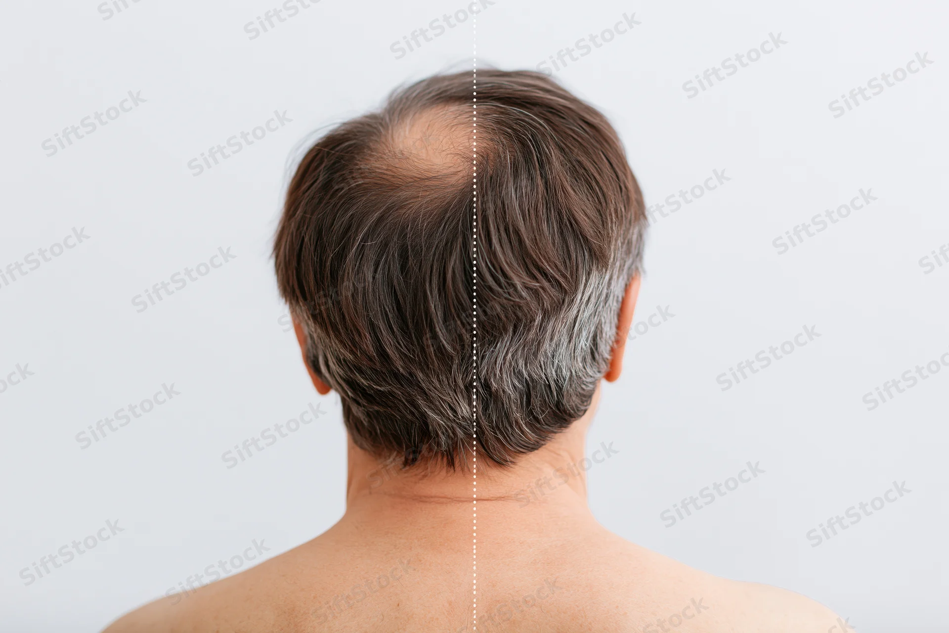 Back of middle-aged man's head split to show hair loss and treated side