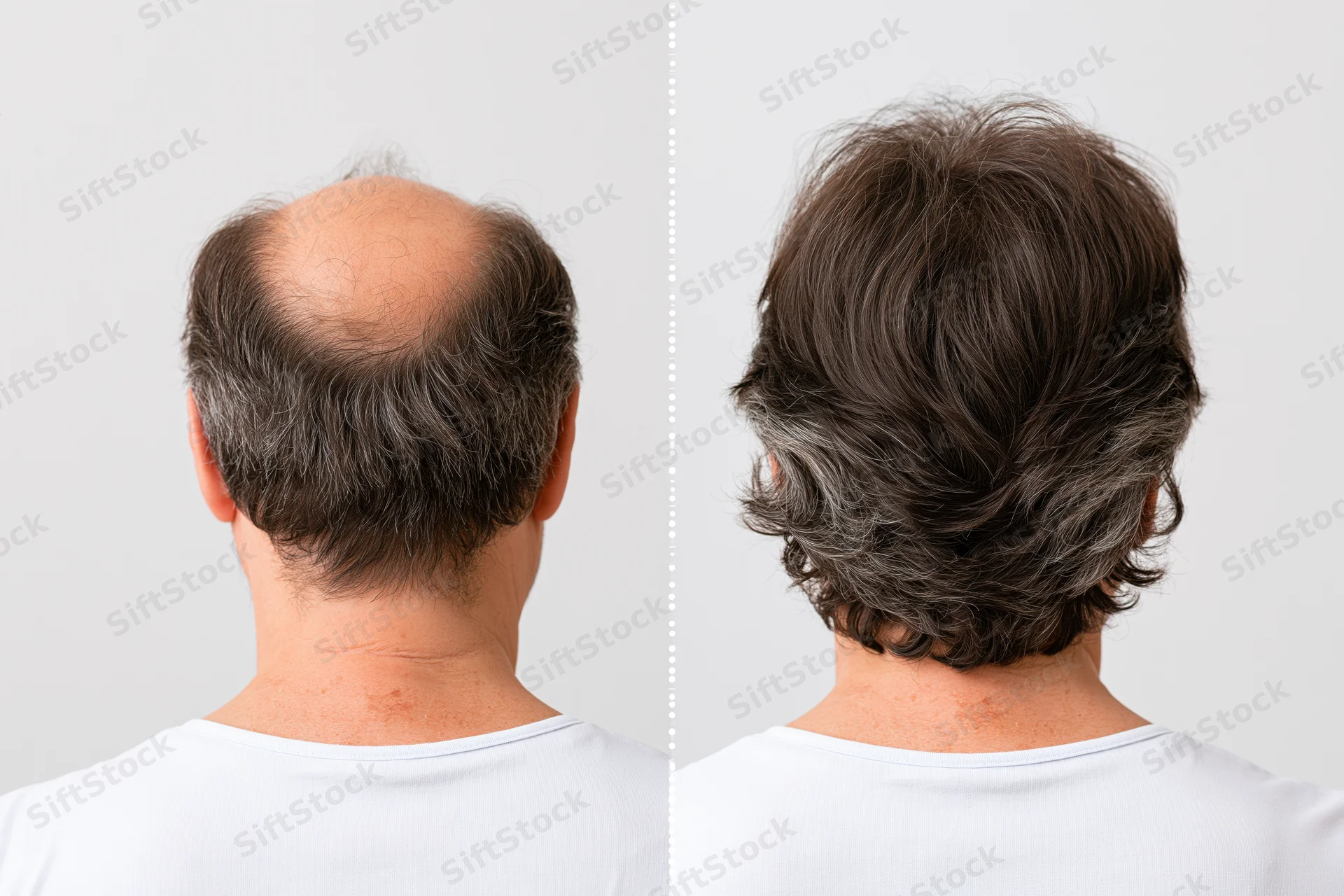 Back of a middle-aged man's head showing baldness before and full hair after treatment