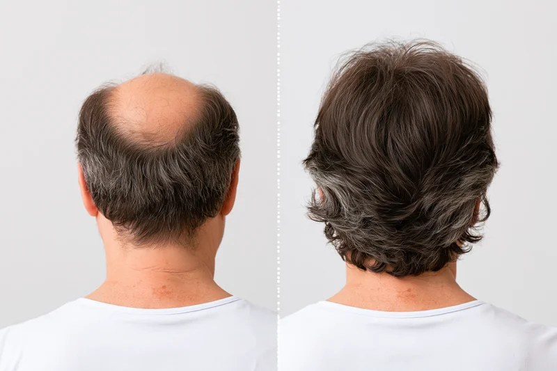 Back of a middle-aged man's head showing baldness before and full hair after treatment