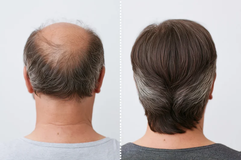 Back of a middle-aged man’s head showing hair loss before and fuller hair after treatment, split view