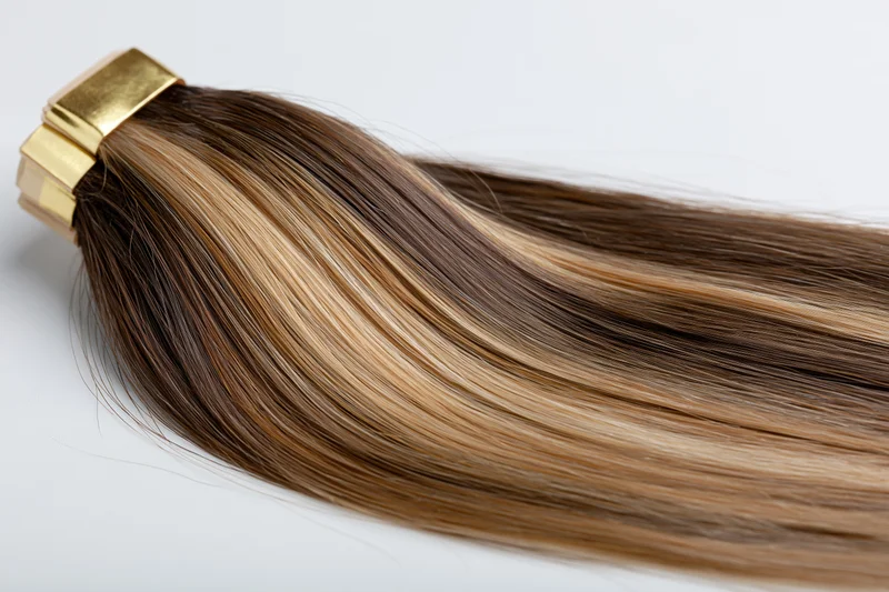 Tape-in hair extension weft with dark brown to blonde ombre color gradient on white background