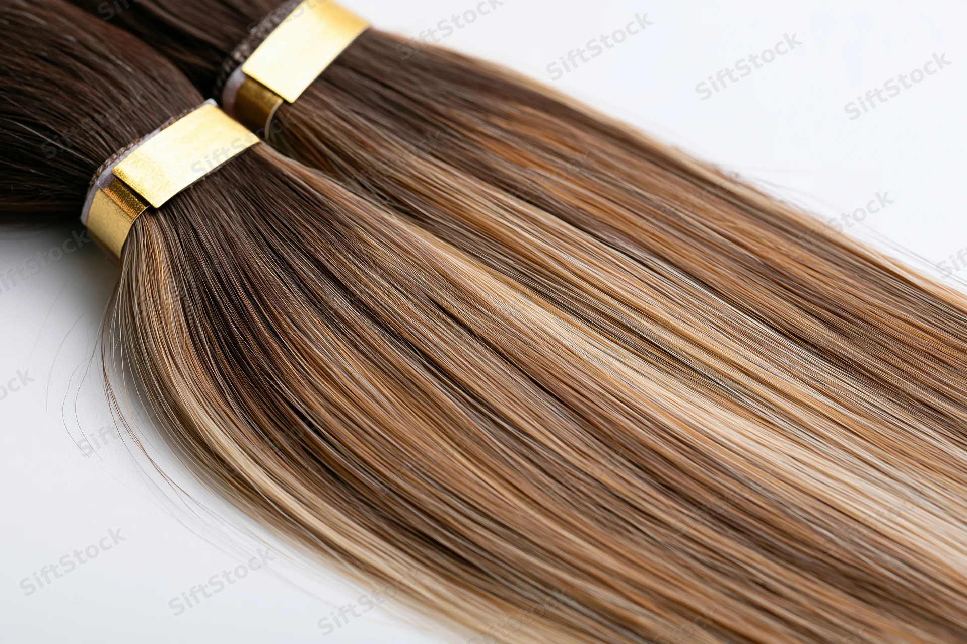 Tape-in hair extensions weft laid flat showing dark brown root to blonde ombre color gradient