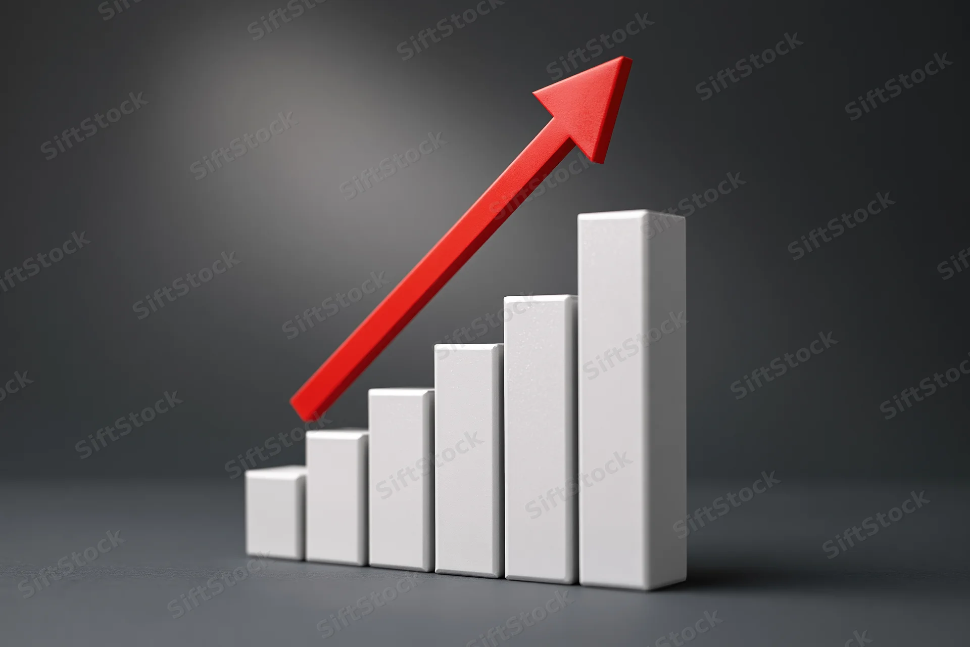 Ascending white bars with red arrow pointing upward on dark surface