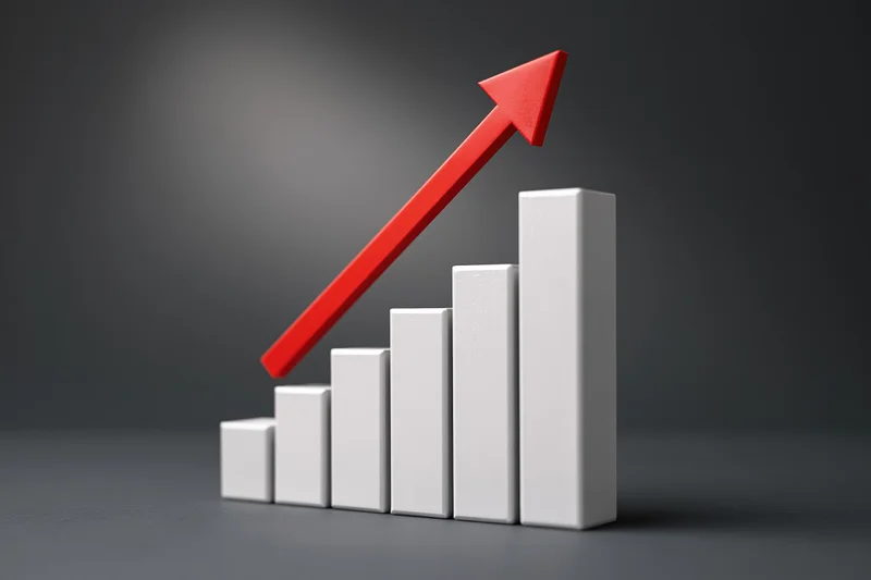 Ascending white bars with red arrow pointing upward on dark surface