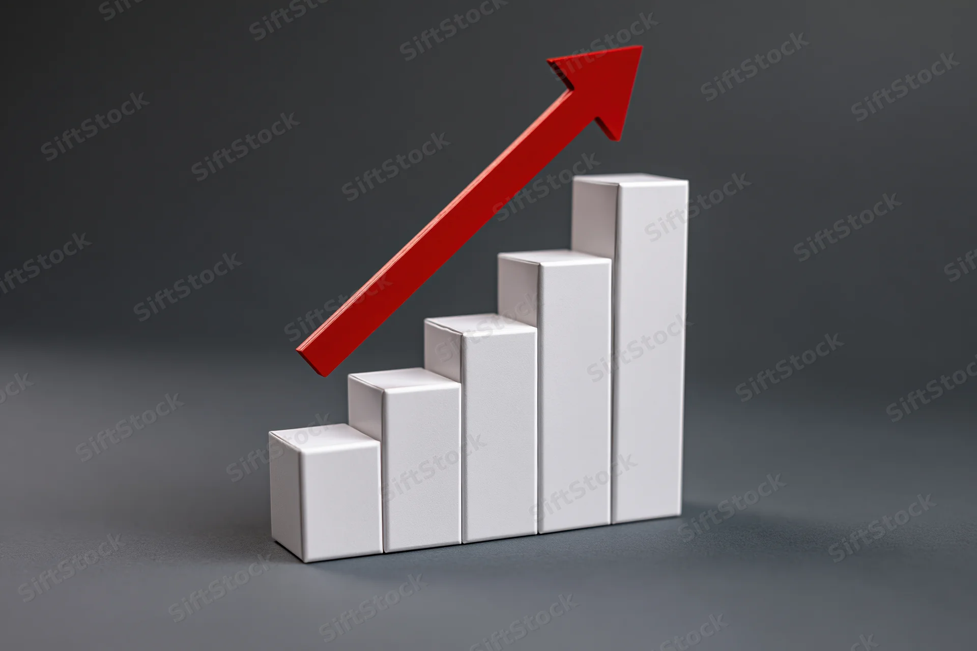 Ascending white bar chart with red arrow on gray background