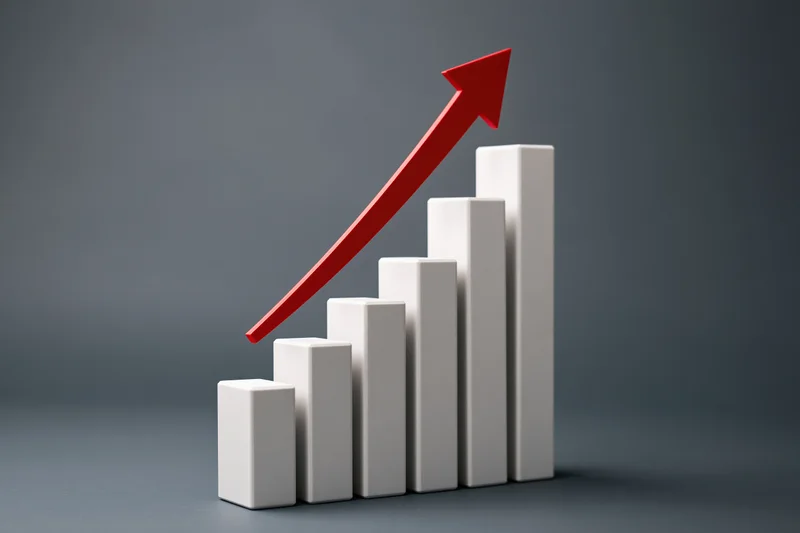 Ascending white bars with red arrow on gray background