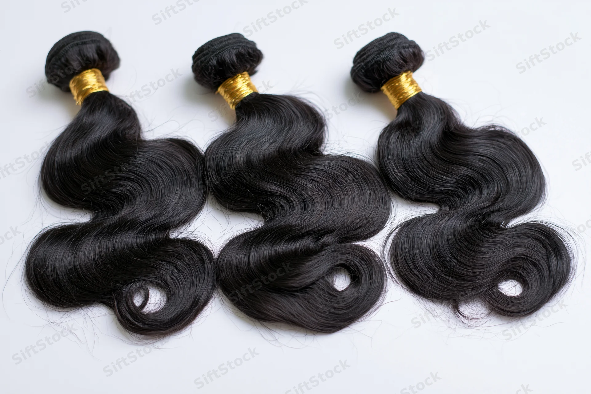 Three bundles of black body wave hair extensions laid flat on white background