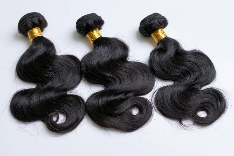 Three bundles of black body wave hair extensions laid flat on white background