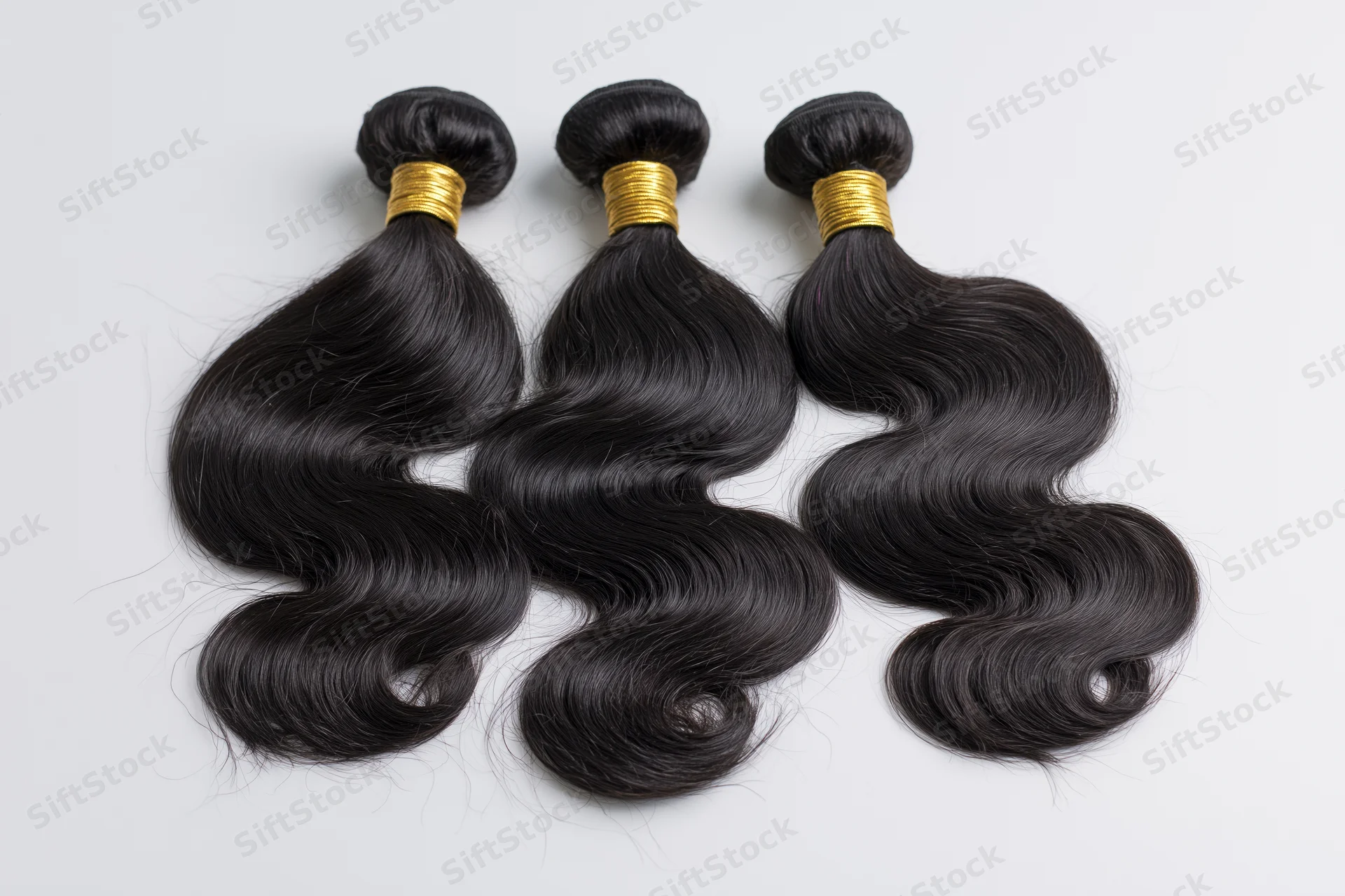 Three bundles of black body wave hair extensions laid flat on white background
