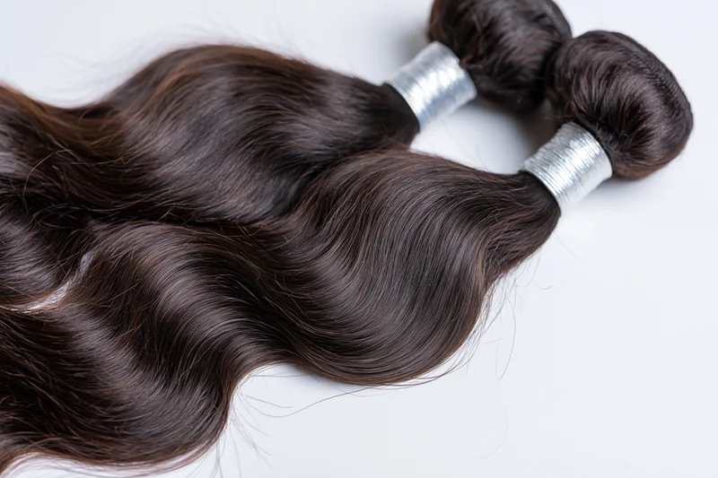 Three bundles of body wave human hair extensions with silver bands on white background