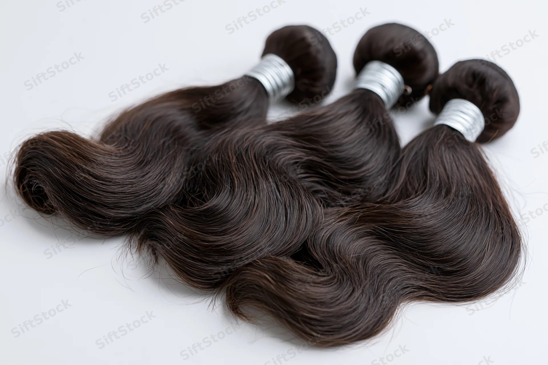 Three bundles of body wave human hair extensions with silver bands on white background