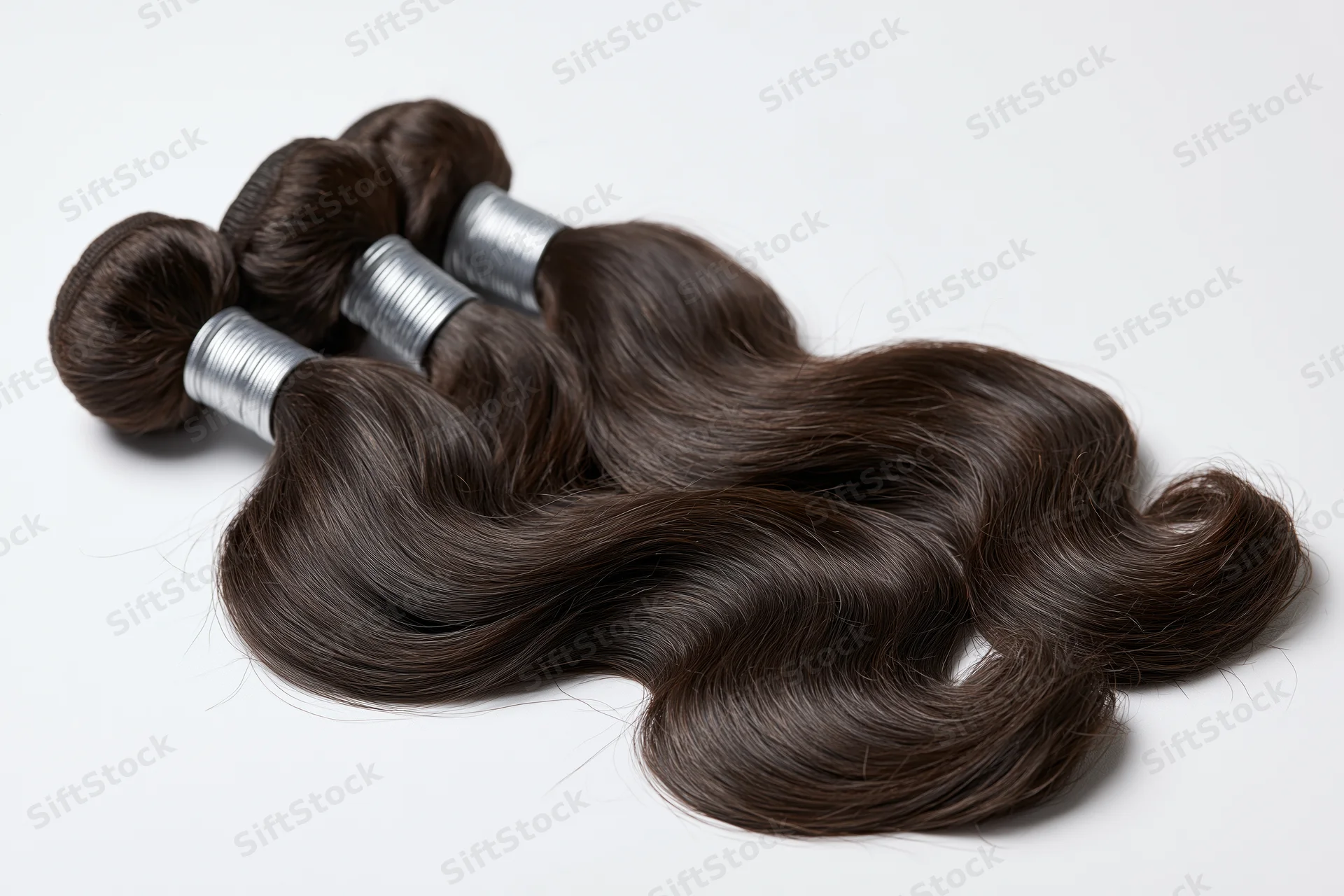 Three bundles of body wave human hair extensions with silver bands on white background
