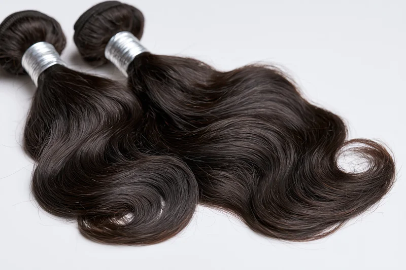 Three bundles of dark brown body wave human hair extensions with silver bands on white background