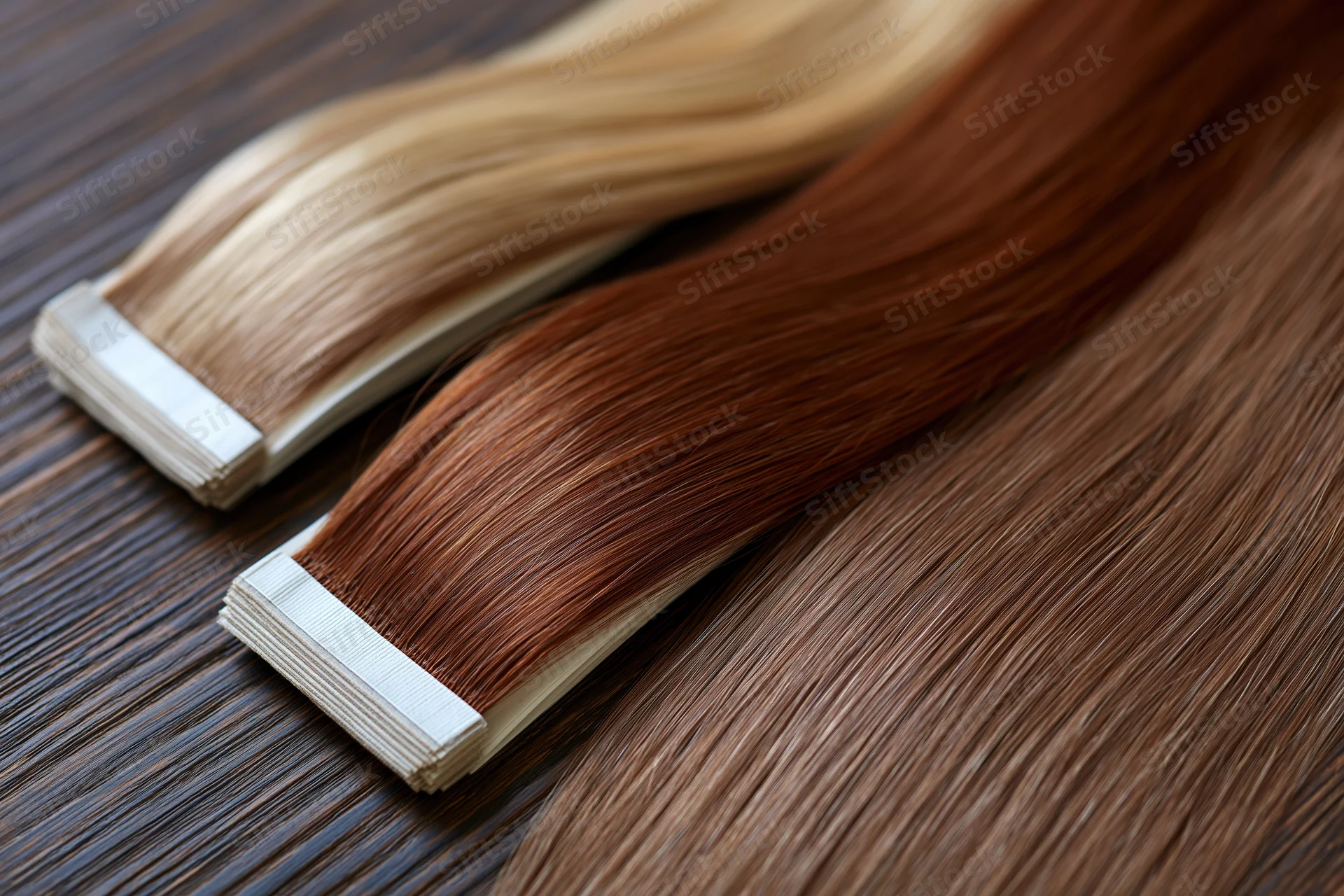 Three bundles of human hair extensions in ash blonde and warm auburn tones arranged on a wooden surface