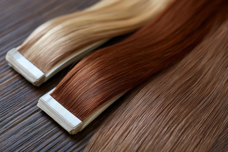 Three bundles of human hair extensions in ash blonde and warm auburn tones arranged on a wooden surface