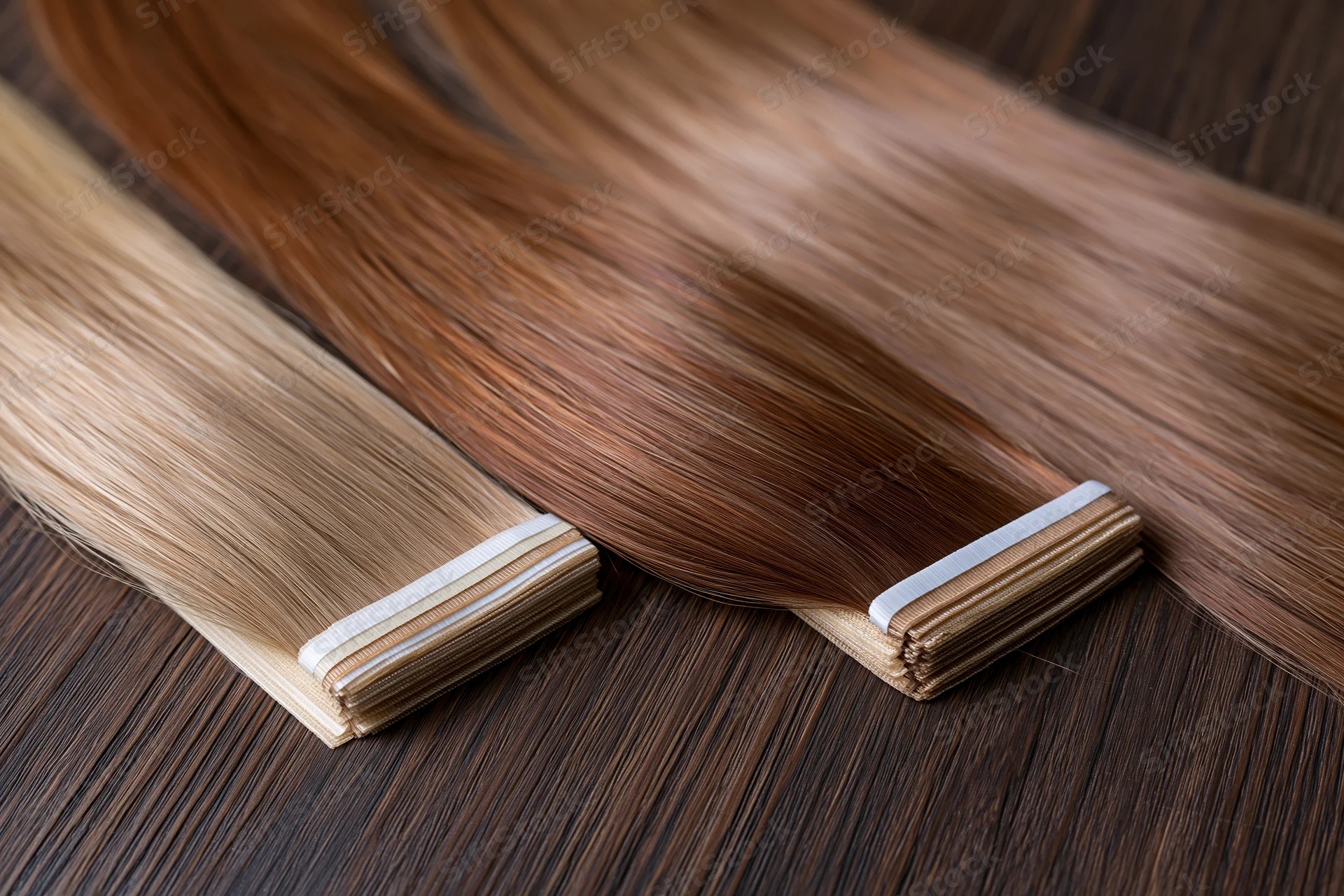 Two bundles of human hair extensions in ash blonde and warm auburn tones resting on a dark wooden surface
