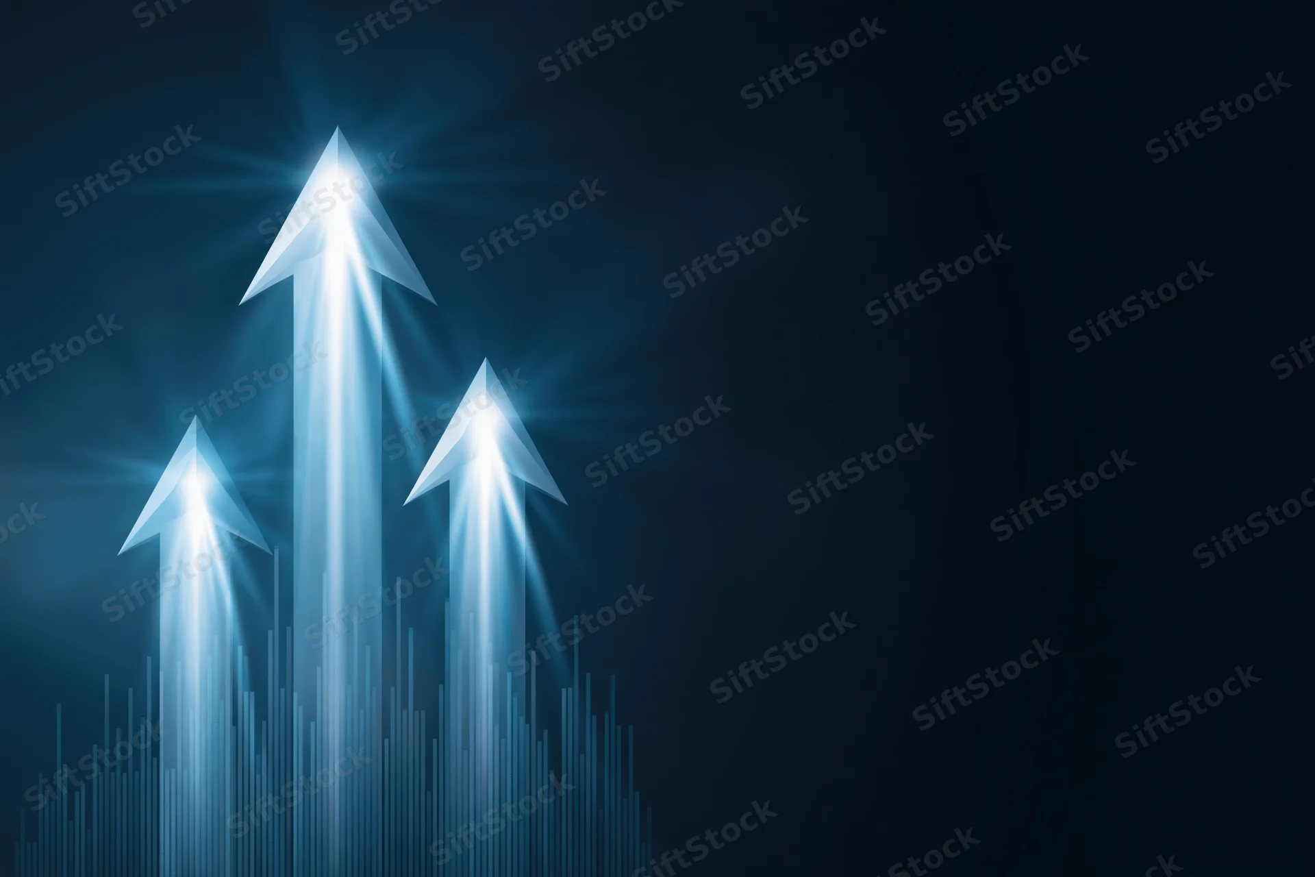 Three glowing blue arrows rising upward from vertical bars on a dark background