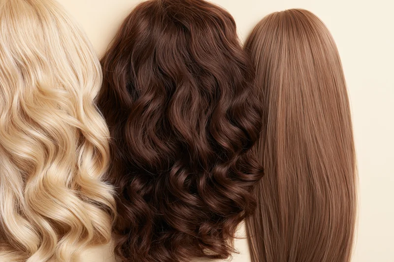 Three wigs with different hair colors and textures arranged side by side