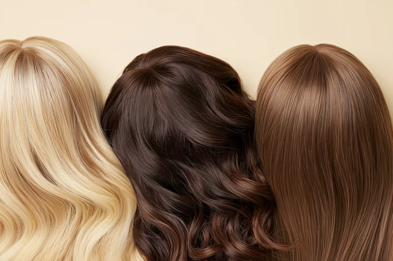 Three wigs with different hair colors and textures arranged side by side against a neutral background